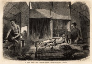 Ein annamitisches Interieur in Lakon (Laos). Gravur zur Illustration der Entdeckungsreise in Indochina, von Francis Garnier, Leutnant de Vaissseau, 1866-1868, veröffentlicht in „Le tour du monde“ 1870-1871, herausgegeben von Edouard Charton, Edition Hachet von Unknown artist