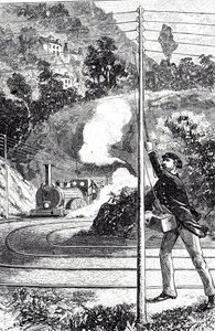 Eine Gravur, die einen Zugarbeiter zeigt, der ein Notsignal auf einem Eisenbahntelegraphen sendet