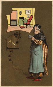 Eine alte Frau hält eine Tasse in der Nähe eines Käfigs mit Vögeln. Anonyme Chromolithographie, Ende des 19. Jahrhunderts. von Unknown artist