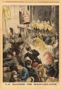 Anarchistischer Anschlag in Barcelona, Bombenexplosion in der Prozession, die die Kirche Santa Maria verlässt, Straße Nuevos Cambios. Gravur in „Le petit journal“ 21/06/1896. Sammlung Selva.