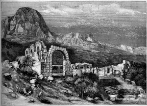 Antike Architektur: Ruinen des römischen Tempels von Zaghouan (Tunesien). Gravur von Riugel in "Die illustrierte Welt" Nr. 1308 vom 22. April 1882.