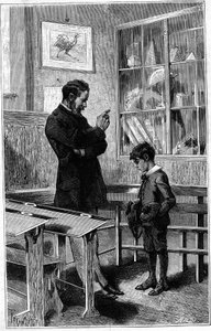 Andre Gaudry wird von seinem Lehrer getadelt. Gravur in „Le journal de la jeunesse“ von Unknown artist