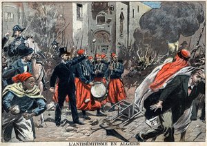 Antisemitismus in Algerien im Jahr 1898 - In Algier fanden antisemitische Proteste statt, Gouverneur Louis Lepine griff ein, um die Plünderung jüdischer Geschäfte zu stoppen, eine Illustration aus der Zeitung „Le-Pelerin“ vom 6. Februar