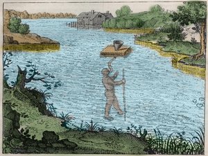 Gerät, das es einem Taucher ermöglicht, unter Wasser zu atmen - Eine Methode, die von den Älteren verwendet wurde, um Flüsse zu überqueren, Gravur in „Utriusque cosmi maioris scilicet et minoris metaphysica, physica atque technica Historia“