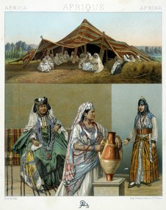 Arabisches Zelt, algerische Frauenkostüme - in „Le costume historique“ von Racinet