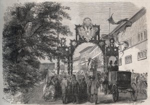 Ankunft der Kaiserin Elisabeth von Österreich (Sissi) in Bad Kissingen (Kurort) im Jahr 1865 - Gravur in „The Illustrous World“ von 1865
