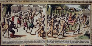 Kunst Portugal: Tanz der Eingeborenen, Detail der Karte von Guinea von Luis Texeira, Gravur des 17. Jahrhunderts von Unknown artist