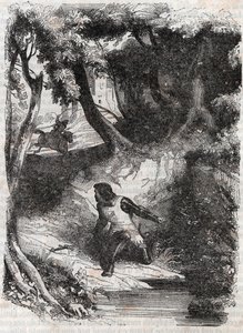 Astolphe am Rand eines Brunnens - Gravur von 1851 aus „Furioser Roland“ (Orlando furioso) (16. Jahrhundert) von Ludovico Ariosto, bekannt als der Ariosta - Ausgabe übersetzt aus dem Italienischen von Graf von Tressan und veröffentlicht von Gustave Harvard von Unknown artist