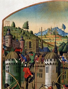 Angriff auf das Schloss von Philippe Auguste mit Blick auf Paris und den Montfaucon-Galgen während des Hundertjährigen Krieges, Mitte des 15. Jahrhunderts (Detail)