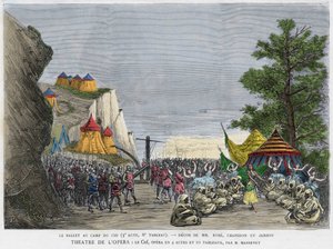 Ballettszene im Militärlager des Cid Illustration der Oper „Le Cid“ von Jules Massenet, nach dem Stück von Pierre Corneille und dem Gedicht von Guillen de Castro. Gravur aus dem 19. Jahrhundert