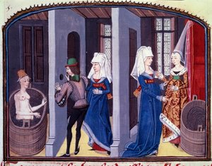Badeszene. Ein Voyeur beobachtet durch ein Loch in der Wand eine nackte Frau bei ihrer Toilette