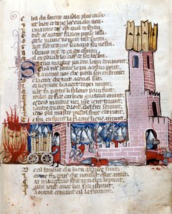 Schlacht in einer Burg. Die Panzer stehen in Flammen. Manuskript aus dem 13. Jahrhundert. Marciana Venedig.