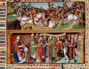 Kampfszene und Krönung von Kaiser Lothar II. von Supplinburg (oder Lothar III. des Heiligen Römischen Reiches) (1075-1137). Miniatur in „Le miroir historial“ (Speculum Historiale) (ms. 1196 fol. 245 r.) von Vincent de Beauvais
