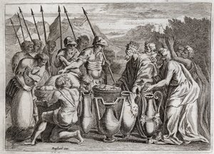 Bibel von Royaumont, Altes Testament: Abraham befreit Lot. Abraham rettet Lot, seinen Neffen, aus den Händen der Feinde. Der Hohepriester Melchisedech segnet. Der König von Sodom bot ihm an