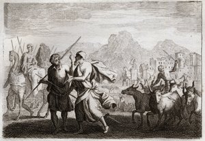 Bibel von Royaumont, Altes Testament: Berufung Abrahams. Gott ruft Abraham und befiehlt ihm, das Land der Chaldäer zu verlassen und in ein Land zu kommen, das er ihm versprochen hat. Illustration von 1811.