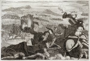 Bibel von Royaumont, Altes Testament: Tod des Judas. Niederlage von Demetrios I. Soter und Nikanor. Tod von Judas Makkabäus in der Schlacht. Illustration von 1811. von Unknown artist