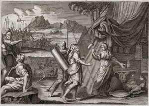 Bibel von Royaumont, Altes Testament: Tod von Sisara. Yael (Jael) tötet den Anführer der Kanaaniterarmee Sisra (Sisera oder Sisara). Illustration von 1811. von Unknown artist