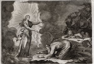 Royaumont-Bibel, Altes Testament: Befreiung von Daniel. Daniel, in der Löwengrube, wird auf wundersame Weise getrunken. Illustration von 1811.