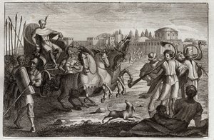 Royaumont-Bibel, Altes Testament: Erhöhung von Joseph. Joseph wird in Herrlichkeit erhoben. Illustration von 1811.