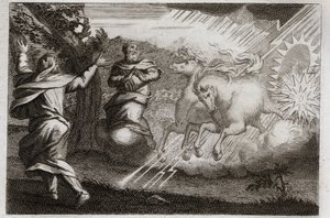 Bibel von Royaumont, Altes Testament: Elia wird in den Himmel entrückt. Elia wird in einem Feuerwagen in den Himmel entrückt, in Anwesenheit seines Jüngers. Elisa erhält von ihm seinen doppelten Geist: er teilt das Wasser des Jordan mit Elias Mantel. Illus