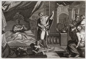 Bibel von Royaumont, Altes Testament: Ezechias erhält Gesundheit. König Ezechias war todkrank, erhielt Gesundheit und weitere fünfzehn Jahre Leben. Der Prophet Jesaja kündigt seinen Krieg an: das Zeichen wird sein, den Schatten der Uhr um zehn Grad zurückz von Unknown artist