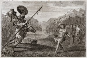 Bibel von Royaumont, Altes Testament: Riese Goliath. Goliath, Philister von ungeheurer Größe, wird von David besiegt, der nur mit einer Schleuder und einem Stock bewaffnet ist. Illustration von 1811. von Unknown artist