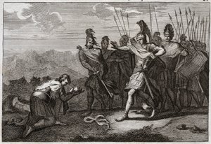 Bibel von Royaumont, Altes Testament: Kopf von Saul. Die Philister freuen sich über Sauls Tod und bieten seinen Kopf ihrem Götzen an. David bedauert den Tod und geht nach Judäa, wo er in Hebron als König anerkannt wird. Illustration von 1811. von Unknown artist