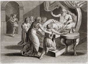 Bibel von Royaumont, Altes Testament: Isaak segnet Jakob. Isaak, der Esau segnen wollte, gibt seinen Segen durch die Weisheit Rebekkas an Jakob, dem er nach dem Plan Gottes gehörte. Illustration von 1811. von Unknown artist