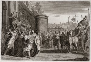 Bibel von Royaumont, Altes Testament: Jephta opfert seine Tochter. Jephta, einer der Richter Israels, gelobte, Gott die erste Person zu opfern, die ihm nach seinem Sieg gegen die Ammoniter begegnen würde. Es war seine Tochter. Illustration von 1811. von Unknown artist