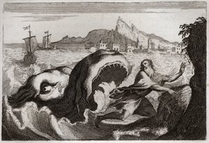 Royaumont-Bibel, Altes Testament: Jona im Wal. Der Prophet Jona lebt in einem Wal und kommt lebend heraus. Illustration von 1811.