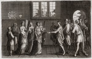 Bibel von Royaumont, Altes Testament: Hochzeit von Isaak. Isaak, Sohn Abrahams, heiratet Rebekka. Illustration von 1811.