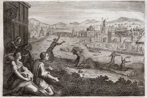 Bibel von Royaumont, Altes Testament: Hebammen von Ägypten. Der Pharao lässt die männlichen Kinder der Israeliten in den Nil werfen. Illustration von 1811.