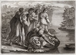 Royaumont-Bibel, Altes Testament: Moses rettet aus den Wassern. Die Tochter des Pharao zog Moses aus den Wassern des Nils und adoptierte ihn als ihren Sohn. Illustration von 1811.