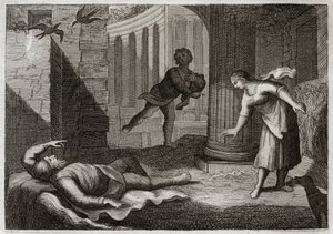 Bibel von Royaumont, Altes Testament: Der heilige Tobit erblindet. Der heilige Mann Tobit erblindet und erträgt dieses Übel mit äußerster Geduld. Illustration von 1811.