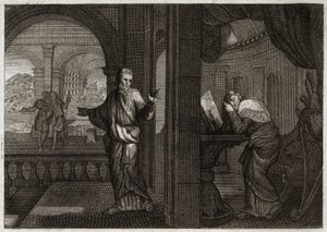 Bibel von Royaumont, Altes Testament: Die Buße Davids. Gott sendet seinen Propheten Nathan zu David, um ihm seine Schuld vor Augen zu führen. Die Reue, die dieser heilige König daraus zog, ließ ihn alle Übel akzeptieren, die der Prophet ihm vorhersagte. Il von Unknown artist
