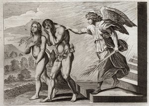Royaumont-Bibel, Altes Testament: Bestrafung von Adam. Gott vertreibt Adam und Eva aus dem Paradies nach ihrem Fall und stellt einen Cherubim an die Tür, um ihren Eintritt zu verteidigen. Illustration von 1811.