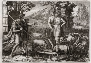 Royaumont-Bibel, Altes Testament: Rahel und Lea. Jakob dient Laban, seinem Onkel, um dessen Tochter Rahel zu heiraten. Illustration von 1811.
