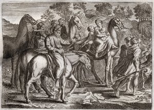 Royaumont-Bibel, Altes Testament: Rückkehr von Jakob. Jakobs Rückkehr ins Land Kanaan mit seinen Frauen, Rachel und Lea, und seinen Kindern. Illustration von 1811. von Unknown artist