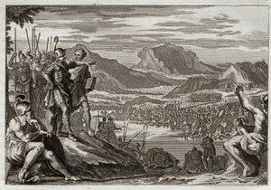 Royaumont-Bibel, Altes Testament: Soldaten von Gideon. Gott befiehlt Gideon, alle seine Truppen zum Jordanfluss zu führen, und gibt ihm ein Zeichen, um diejenigen zu erkennen, die er im Kampf gegen die Midianiter einsetzen soll. Illustration von 1811.