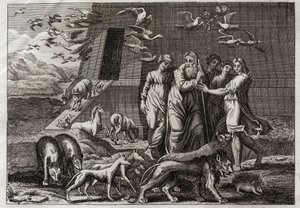 Bibel von Royaumont, Altes Testament: Der Regenbogen. Noe verlässt die Arche und opfert Gott, der es wohlwollend annimmt. Er verspricht, keine Sintflut mehr auf die Erde zu senden. Er gibt den Regenbogen als Zeichen der Wahrheit dieses Versprechens. Illust