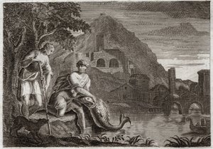 Bibel von Royaumont, Altes Testament: Der Engel führt Tobit. Der junge Tobit wird von einem Fisch (wunderbar) erschreckt, der ihn fressen wollte. Der Engel Raphael kommt auf Gottes Befehl, um ihn auf einer Reise zu führen, die er unternehmen musste. Illust