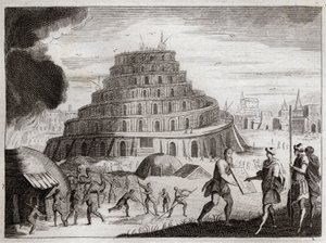 Bibel von Royaumont, Altes Testament: Turm von Babel. Männer wollen aus Eitelkeit einen Turm zum Himmel bauen. Gott verhindert dieses Werk, indem er ihre Sprachen verwirrt, sodass sie einander nicht mehr verstehen. Illustration von 1811.