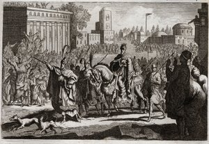 Bibel von Royaumont, Altes Testament: Triumph von Mardocheus. Aman (Haman) wird vom König gezwungen, den Triumph seines Feindes Mardocheus (oder Mordechai) in der Stadt Susan (besser bekannt als Susa) zu verkünden. Illustration von 1811. von Unknown artist