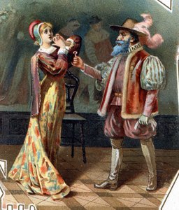 Blaubart. Märchen von Charles Perrault. 1697. Chromolithographie des späten 19. Jahrhunderts. Sticker „Bei den Billigen“. „Blaubart verhört seine Frau, die versucht hat, das Kabinett zu betreten, in dem Blaubarts Frauen ermordet wurden.“