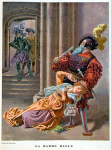 Blaubart (überrascht, wie er eine Frau an den Haaren packt). Illustration des 19. Jahrhunderts.