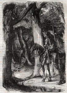 Bradamante sieht Pinabel - Gravur von 1851 aus „Roland furieux“ (Orlando furioso) (16. Jahrhundert) von Ludovico Ariosto, bekannt als der Ariosta - Ausgabe übersetzt aus dem Italienischen von Graf von Tressan und veröffentlicht von Gustave Harvard 1851 von Unknown artist