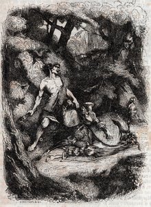 Bradamante von einem Riesen niedergeschlagen - Gravur von 1851 aus „Roland furieux“ (Orlando furioso) (16. Jahrhundert) von Ludovico Ariosto, bekannt als der Ariosta - Ausgabe übersetzt aus dem Italienischen von Graf von Tressan und veröffentlicht von Gust von Unknown artist