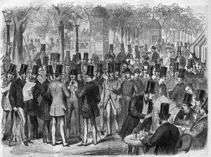Makler in der Nähe der kleinen Börse am Boulevard des Italiens in Paris, Frankreich. Gravur in „Das illustrierte Universum“