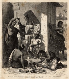 Burmesische Händler verkaufen Stoffe und Parfums an laotische Frauen an der Tür einer Pagode in Muong Mai. Gravur zur Illustration der Entdeckungsreise in Indochina, von Francis Garnier, Leutnant de Vaissseau, 1866-1868, veröffentlicht in „Le tour du mond von Unknown artist