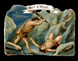 Kain tötet seinen jüngeren Bruder Abel aus Eifersucht (Kinder von Adam und Eva). Chromolithographie des 19. Jahrhunderts von Unknown artist